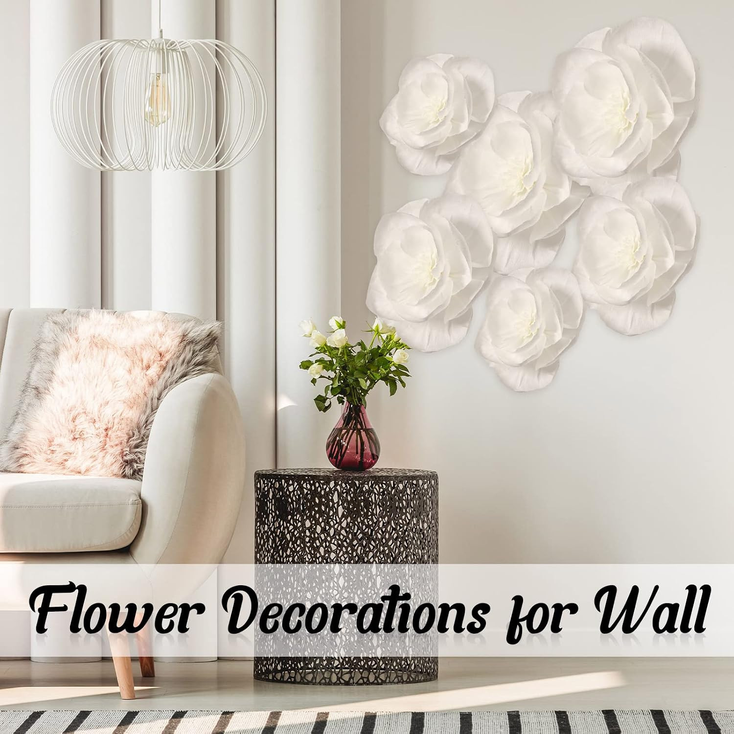 6 Pcs Extra Large Jumbo White Paper Flower Decorations for Wall with 10 Pcs Gel