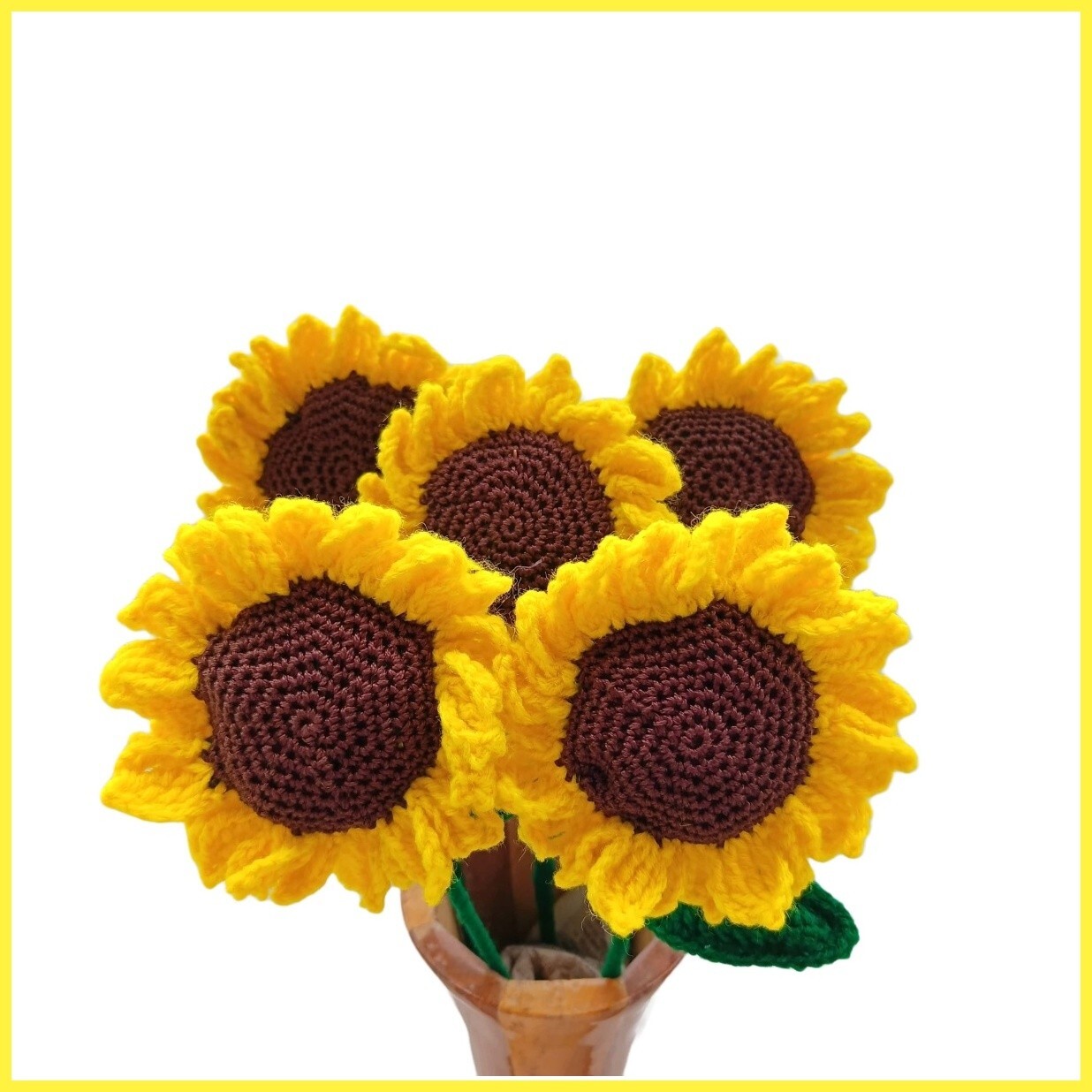 Handmade Forever Crochet Sunflower, handknitted Artificial Flower Bouquet (5pc)