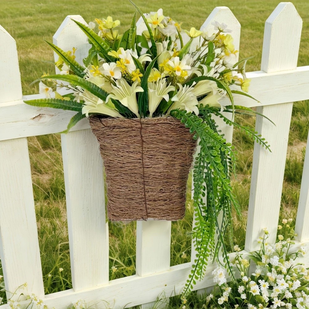 Handmade Floral Wreath with Lily Design Plastic Wire for Home Outdoor Decor