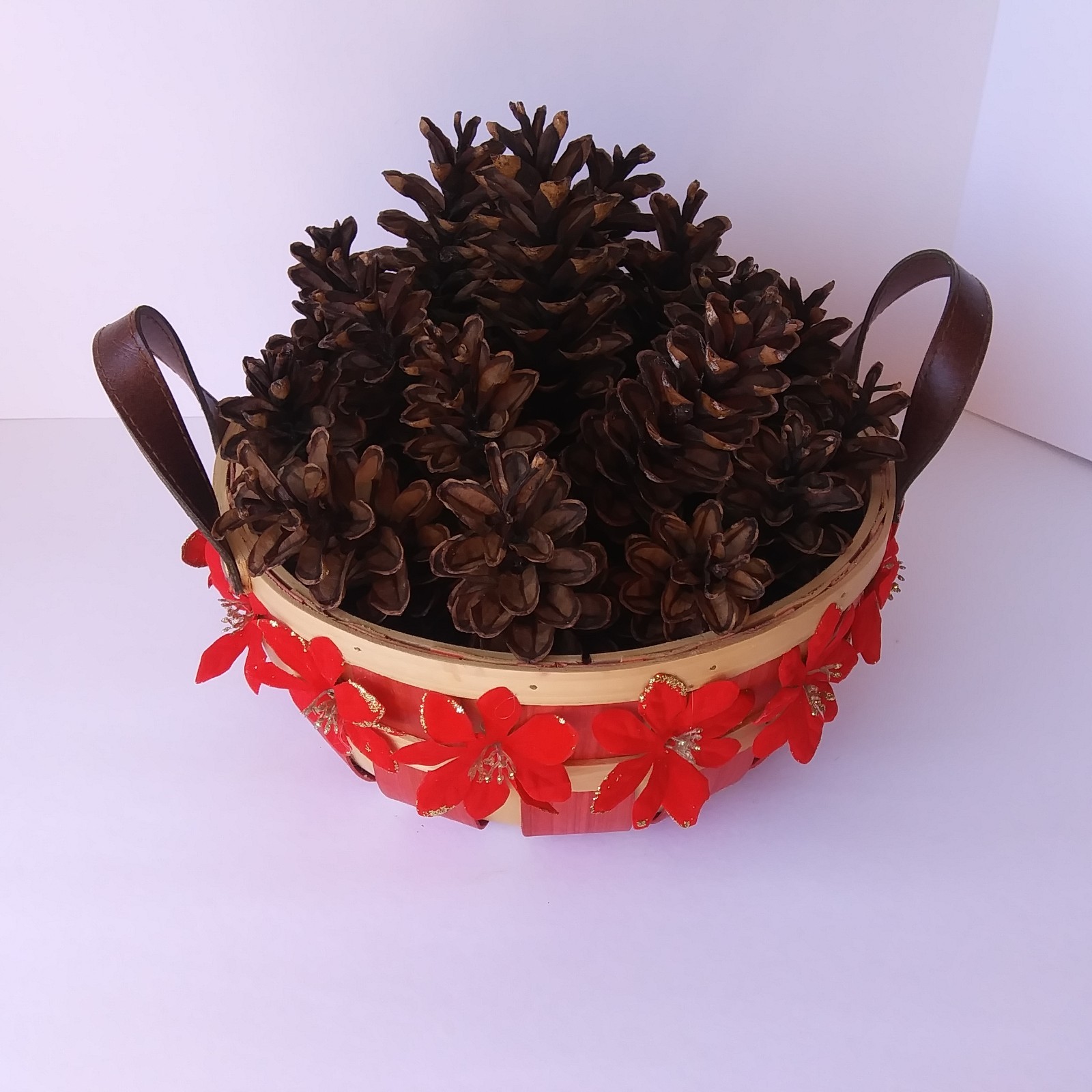Rustic Pinecone Basket Centerpiece with Red Flowers – Fall or Christmas Décor