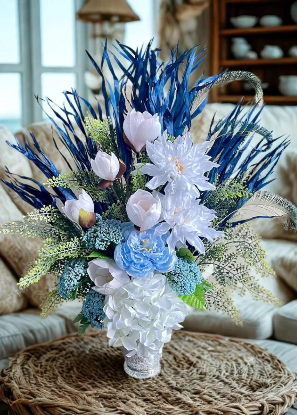 Blue & White Centerpiece Modern Home Decor Living Dining Room Bedroom Accent