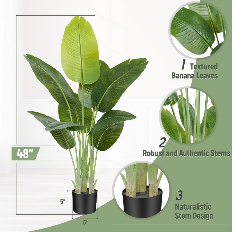 Bird of Paradise Artificial Plant 4ft Faux Banana Leaf Tree with 9 Trunks