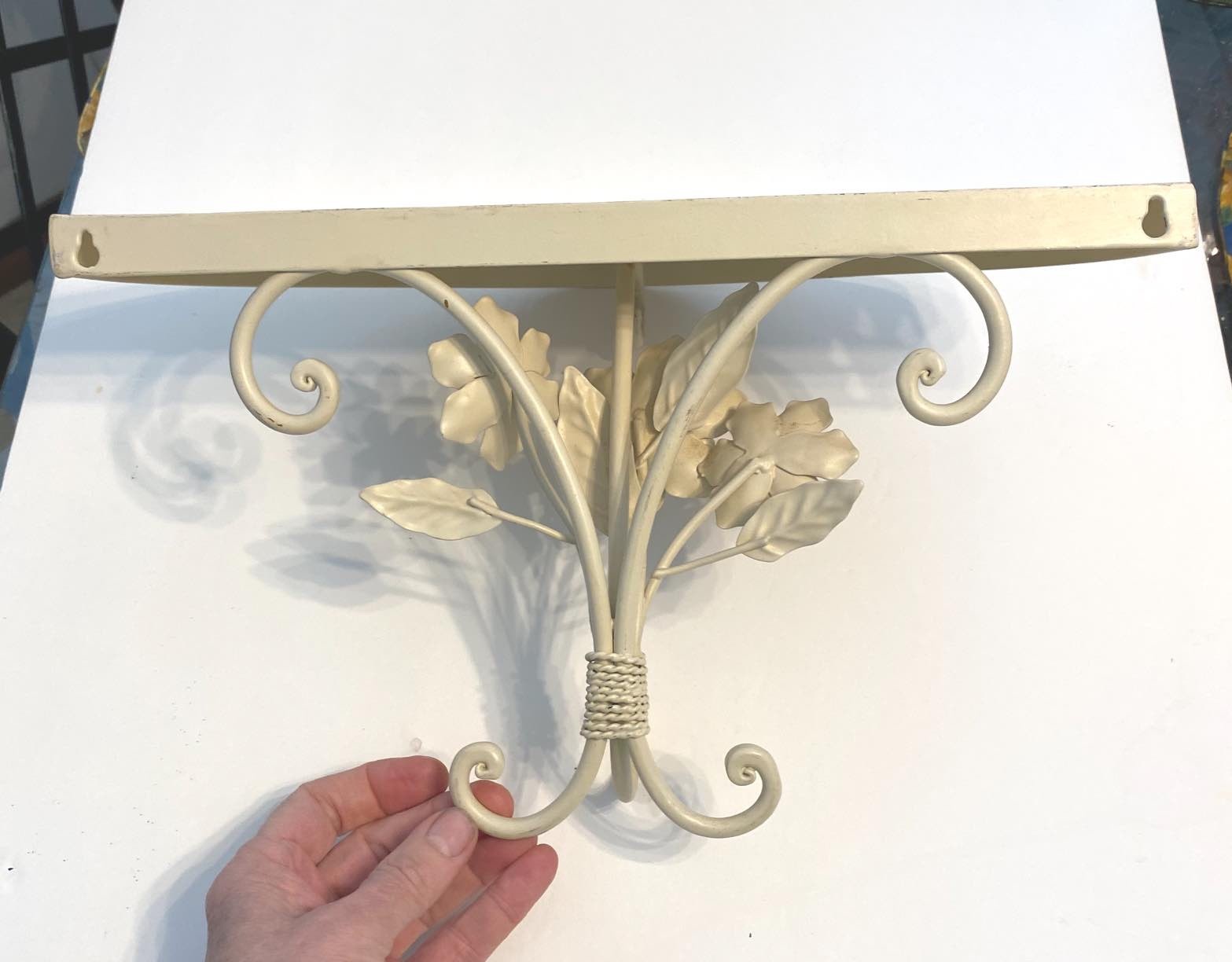 Vintage Ivory Cream off White Metal Floral Flowers Leaves Wall Shelf Beautiful!