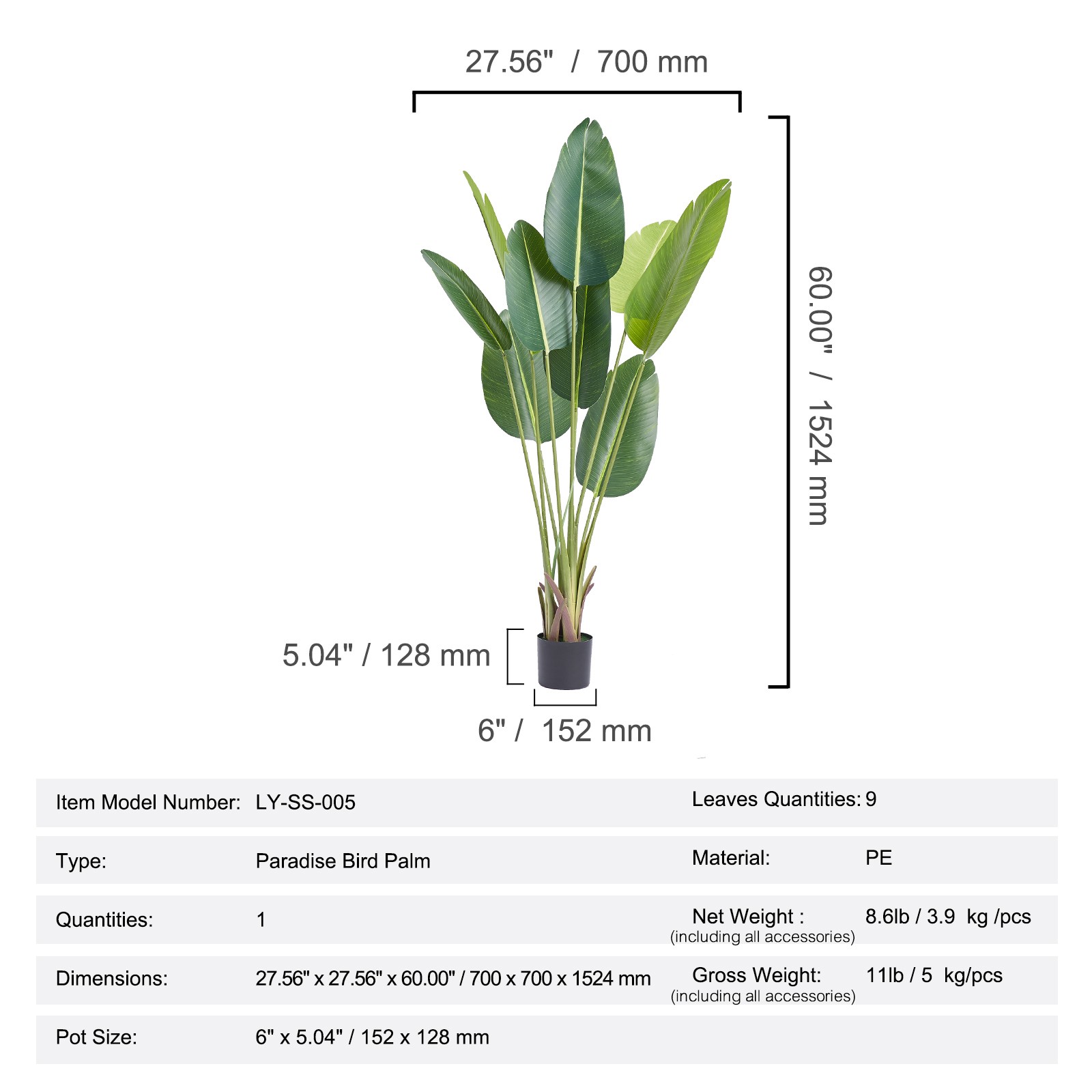 Bird Of Paradise 5ft Tall Fake Palm Tree Artificial Faux Silk Plant in Pot Decor