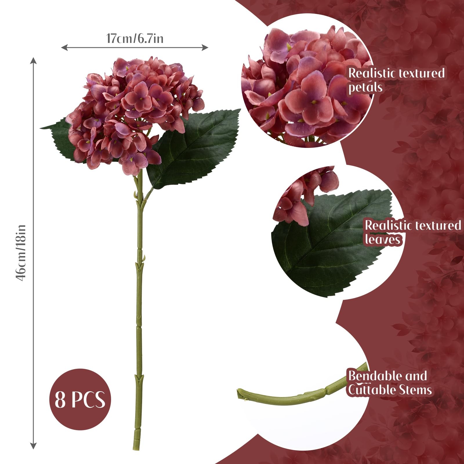 8 Pcs Rose Red Hydrangea Artificial Flowers 18 Inch Spring Faux Hydrangea Flo…