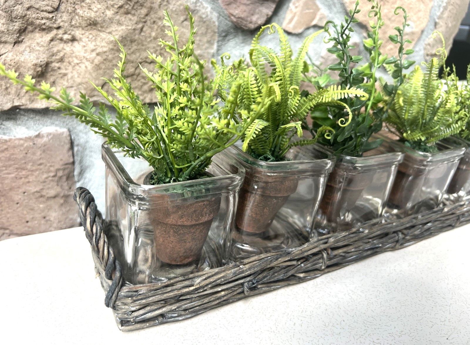 Tabletop Garden Mini Faux Fern Clay Pots With Rattan Wicker Tray & 5 Glass Vases