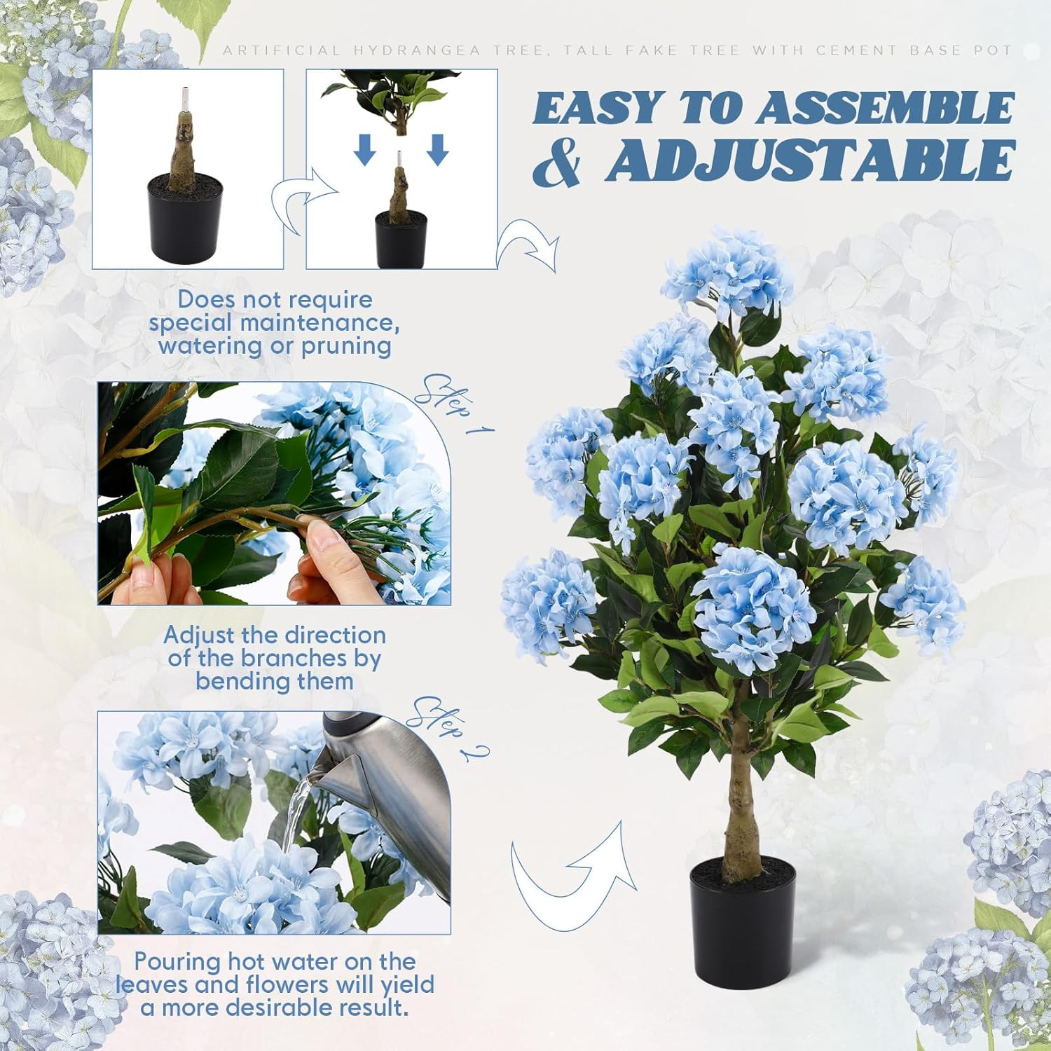 3Ft Blue Artificial Hydrangea Tree – 2 Pack UV Resistant Faux Silk Plant