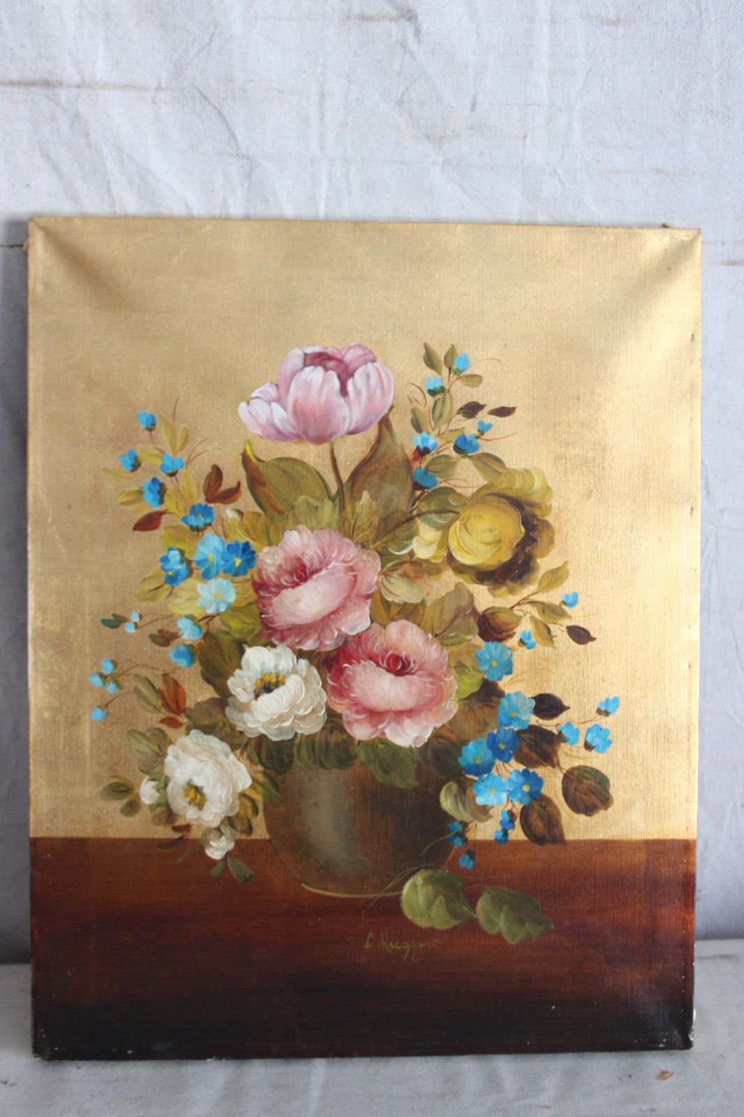 BIG GOLD GILT ORIGINAL OIL PAINTING STILL LIFE FLORAL MID CENTURY SIGNED CANVAS