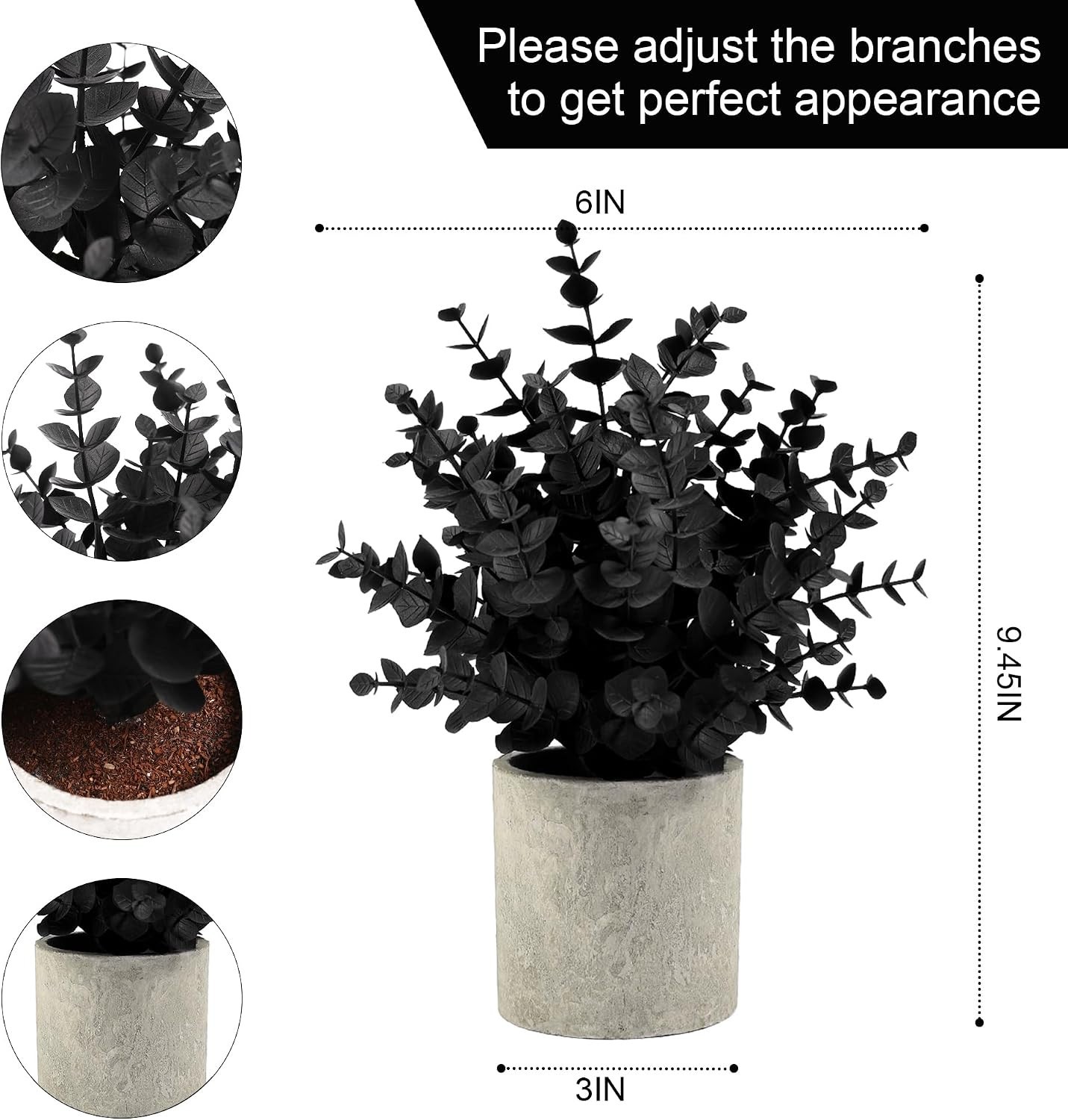 Coferset 2 Pack Small Fake Plants Eucalyptus Potted,Black. BRAND NEW