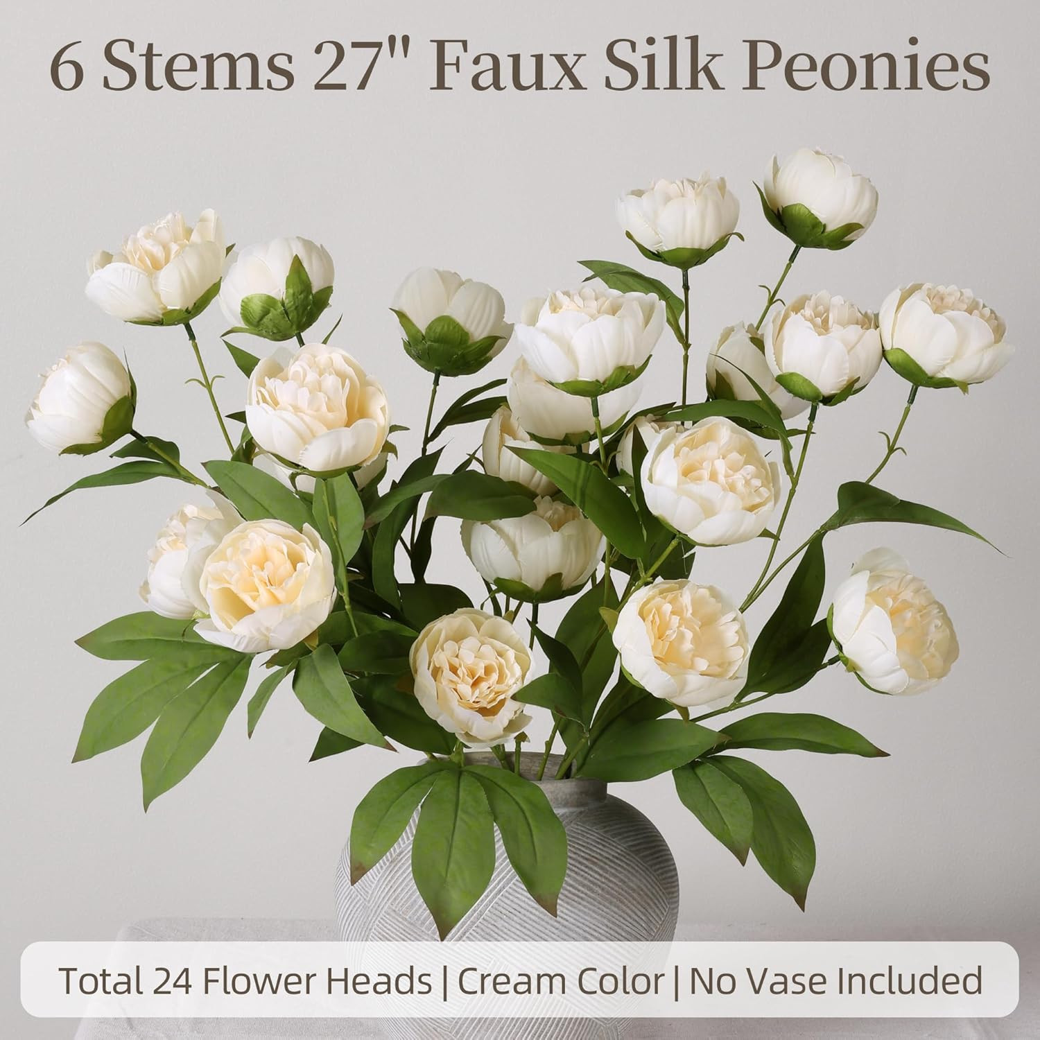 florisso 6 Pcs Peony Artificial Flowers for Vase 27″ – Fake Stems (Beige) | Bulk