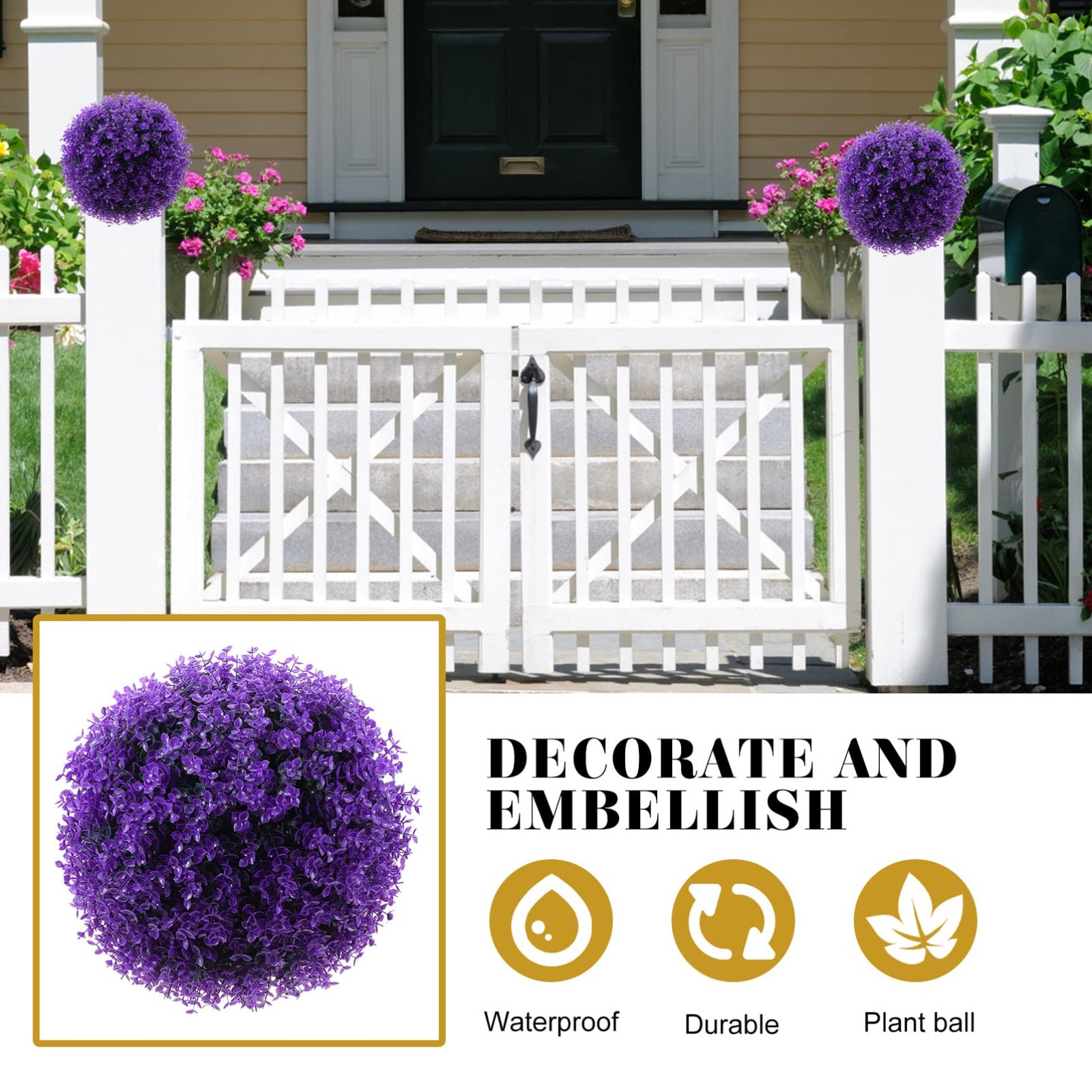 Artificial Topiary , 13.77” Faux Purple Eucalyptus Plant Sphere, Uv Resistan…