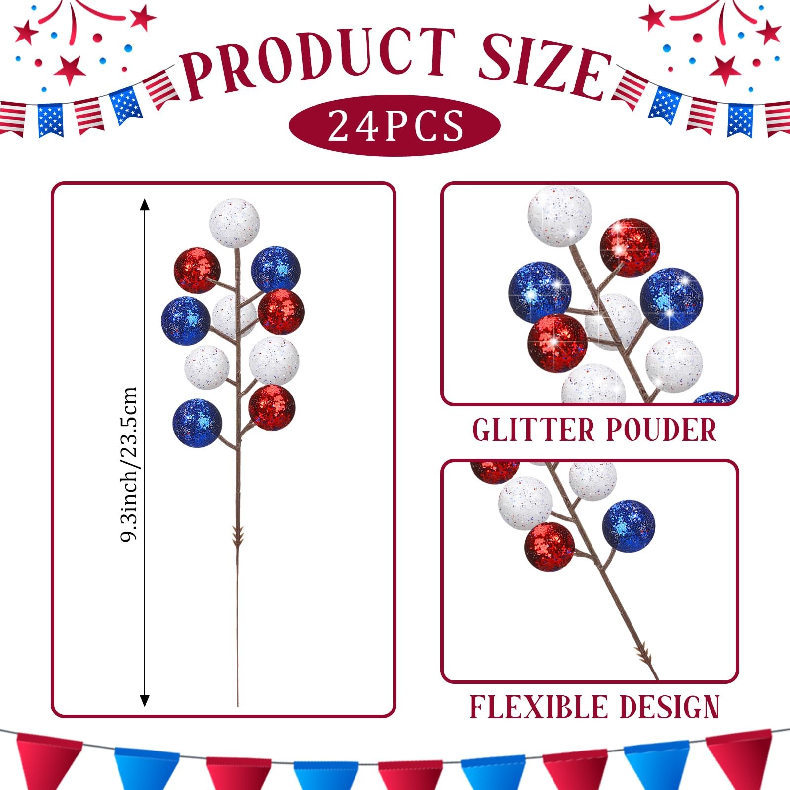 24 Pcs 9.3 Inch 4th of July Glitter Patriotic Ball Picks Red White Blue Berry…