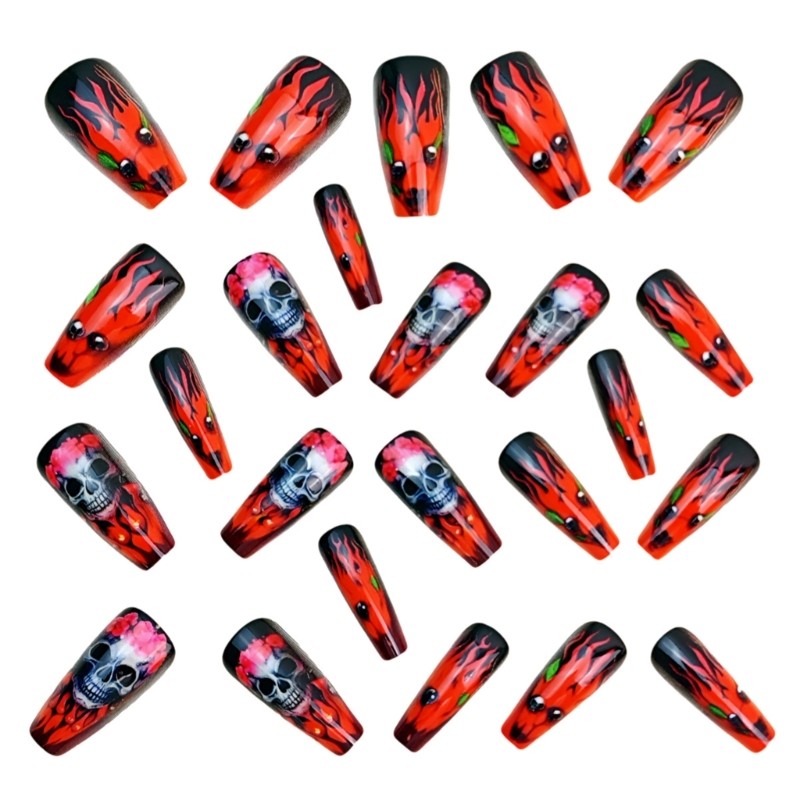 Halloween Red Skull Floral Fake Nail Festive Fake Nail Red Rose Pattern