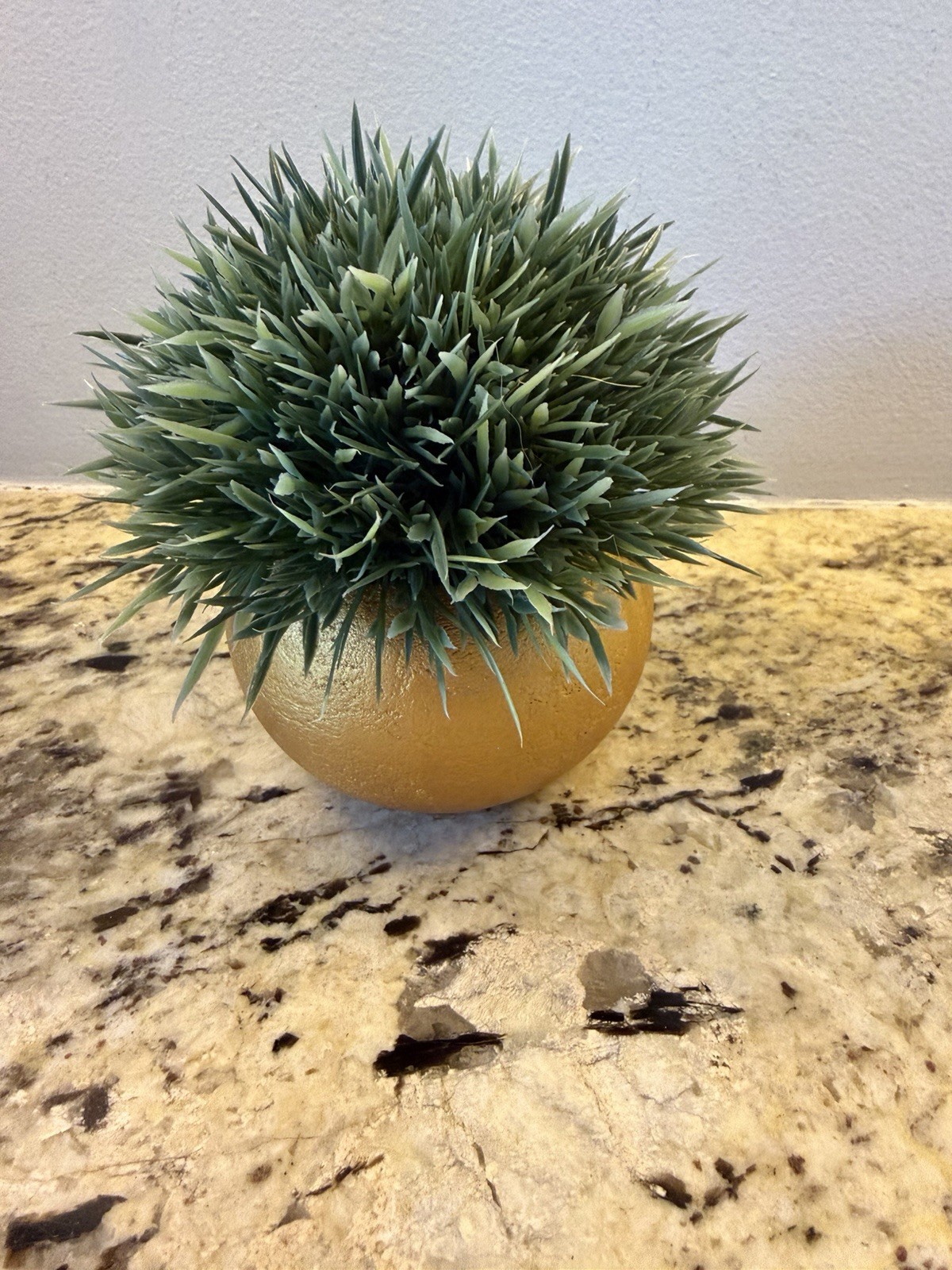 Artificial Green Grass Ball Houseplant in Round Gold Pot, 5ish in Tall