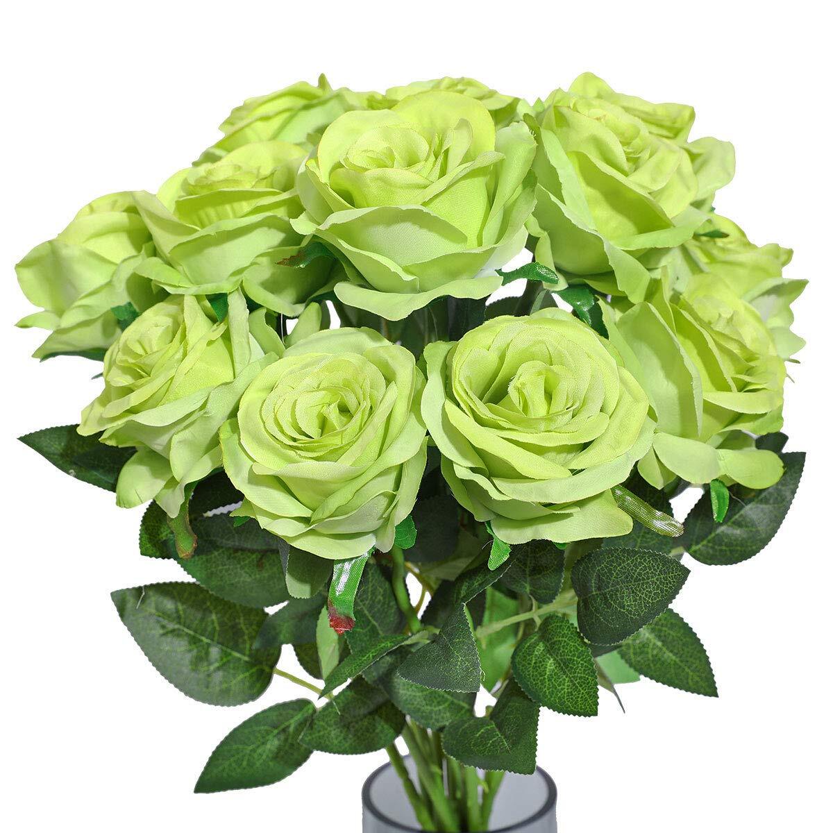 10pcs Green Artificial Silk Rose Flower Bouquet Lifelike Fake Wedding Home Decor