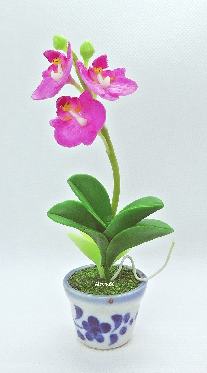 US Stock 4″H Handmade Air-Dry-Clay-Crafted Phalaenopsis Orchid Arranged in Pot