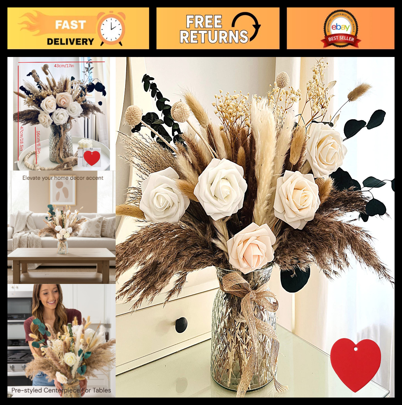 100pcs Artificial Floral Arrangement with Vase – Dried Pampas Grass Centerpiece,
