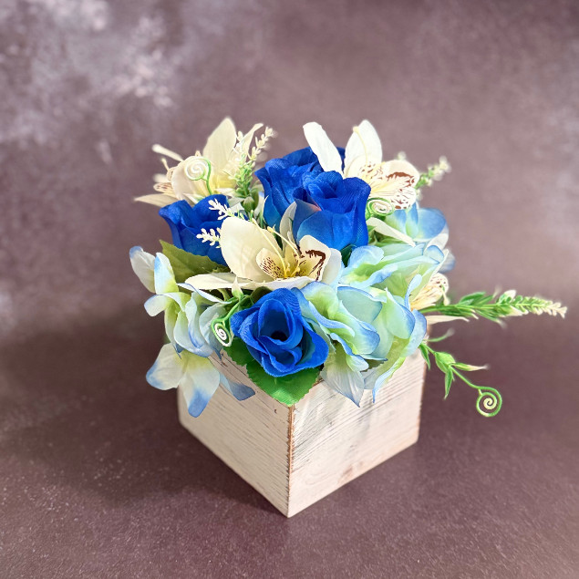 Blue White Rose Floral Centerpiece Wooden Box Faux Flower Arrangement Home Decor