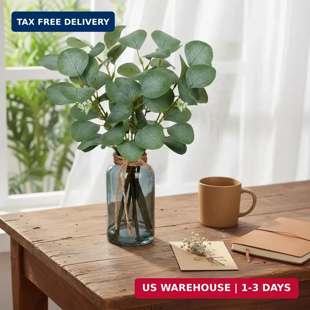 Briful Artificial Eucalyptus Stems in Black Glass Vase with Faux Water, 14″ Fake