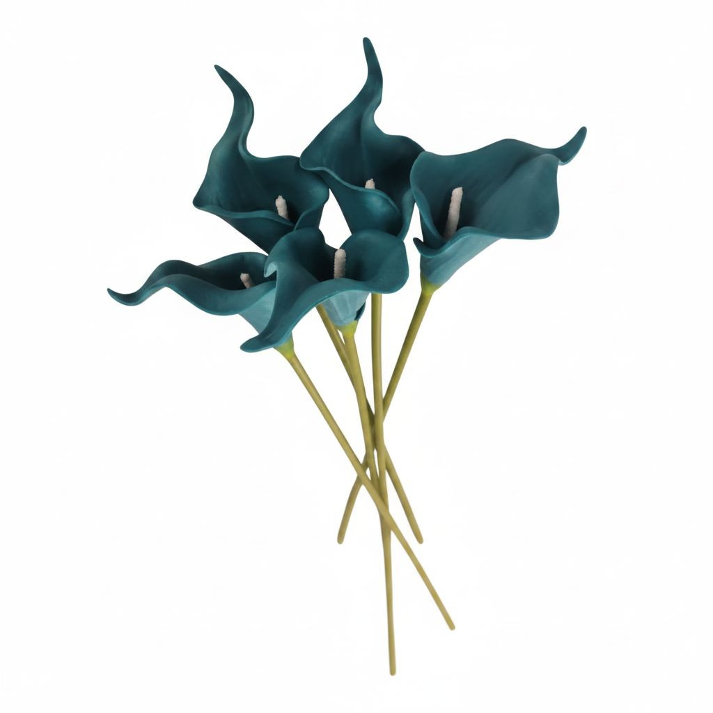 Teal Calla Lily Stems Faux Floral Bouquet Peacock Blue Flowers 5 Stem Bunch Mode