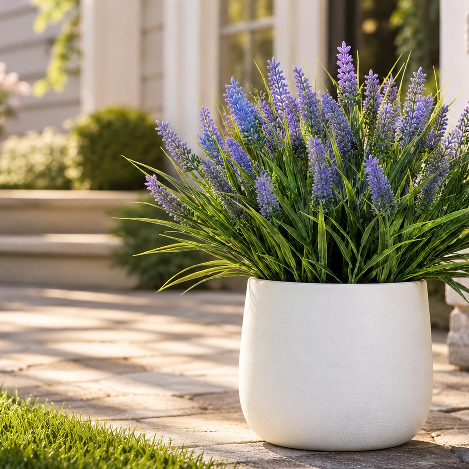 Artificial Monkey Grass with Flowers – Faux Outdoor Plants, UV Resistant Fake