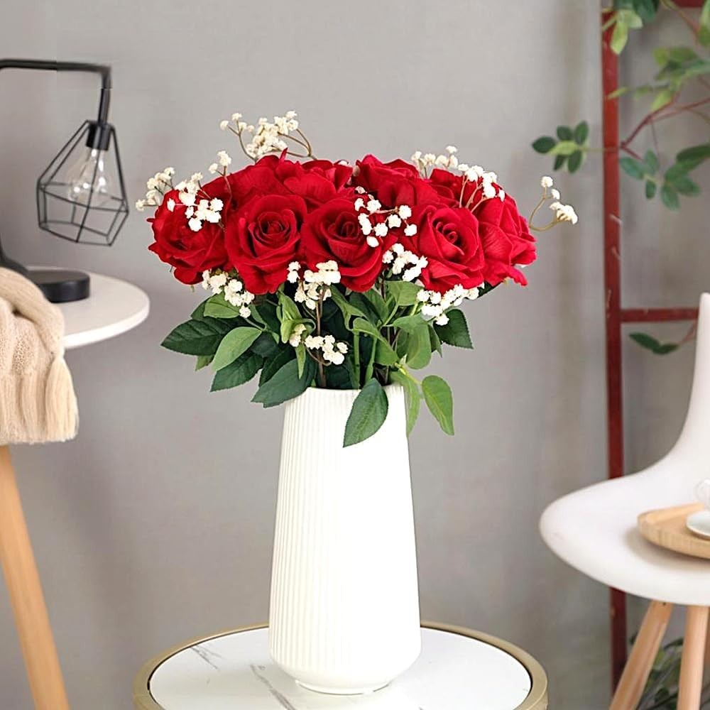 12PCS Artificial Roses Realistic Velvet Silk Flowers Long Stem Faux Flowers B…