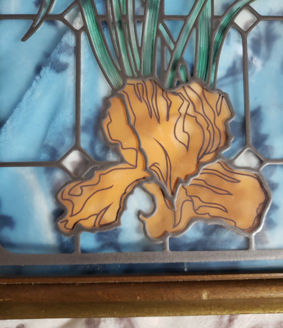 Peach Iris Blue Background Stained Glass Look 23″H x 11.5″W Framed