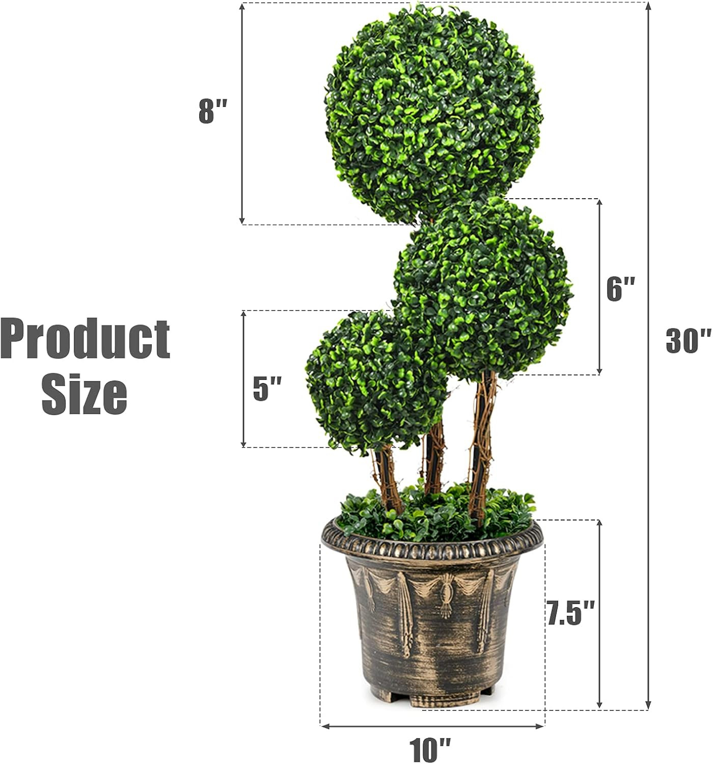 2.5 Ft Artificial Boxwood Topiary Tree, 2 Pack Fake Greenery Plants Triple Ball