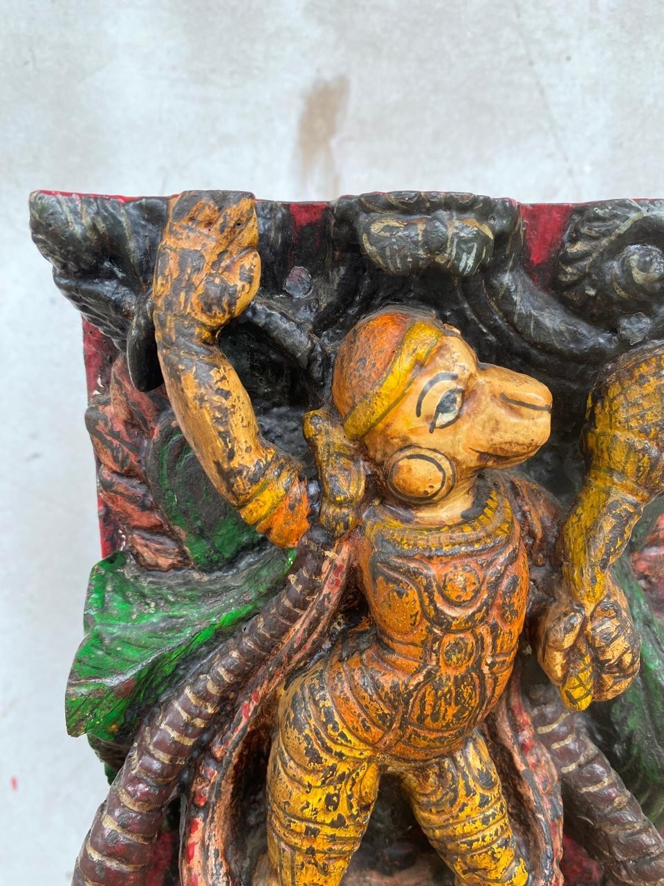 Hand Carved Wooden Hanuman Panel Sculpture Vintage Hindu Temple Decor Art