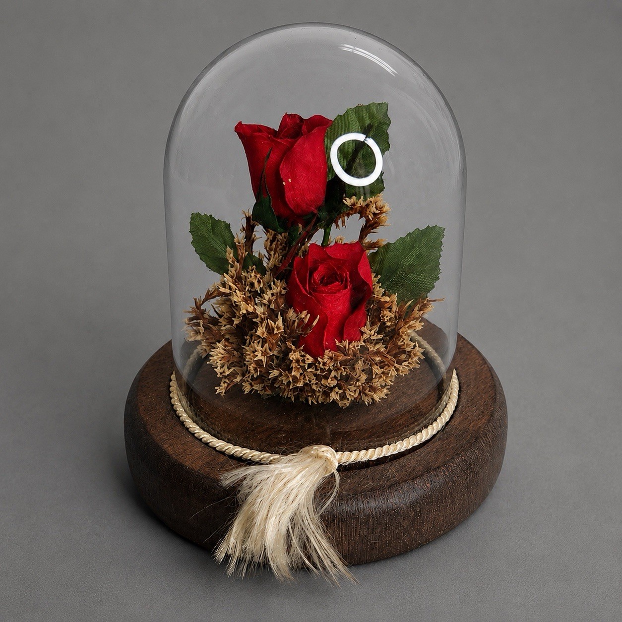Vintage Real Preserved Red Roses Glass Dome Cloche Wood Base Floral Display