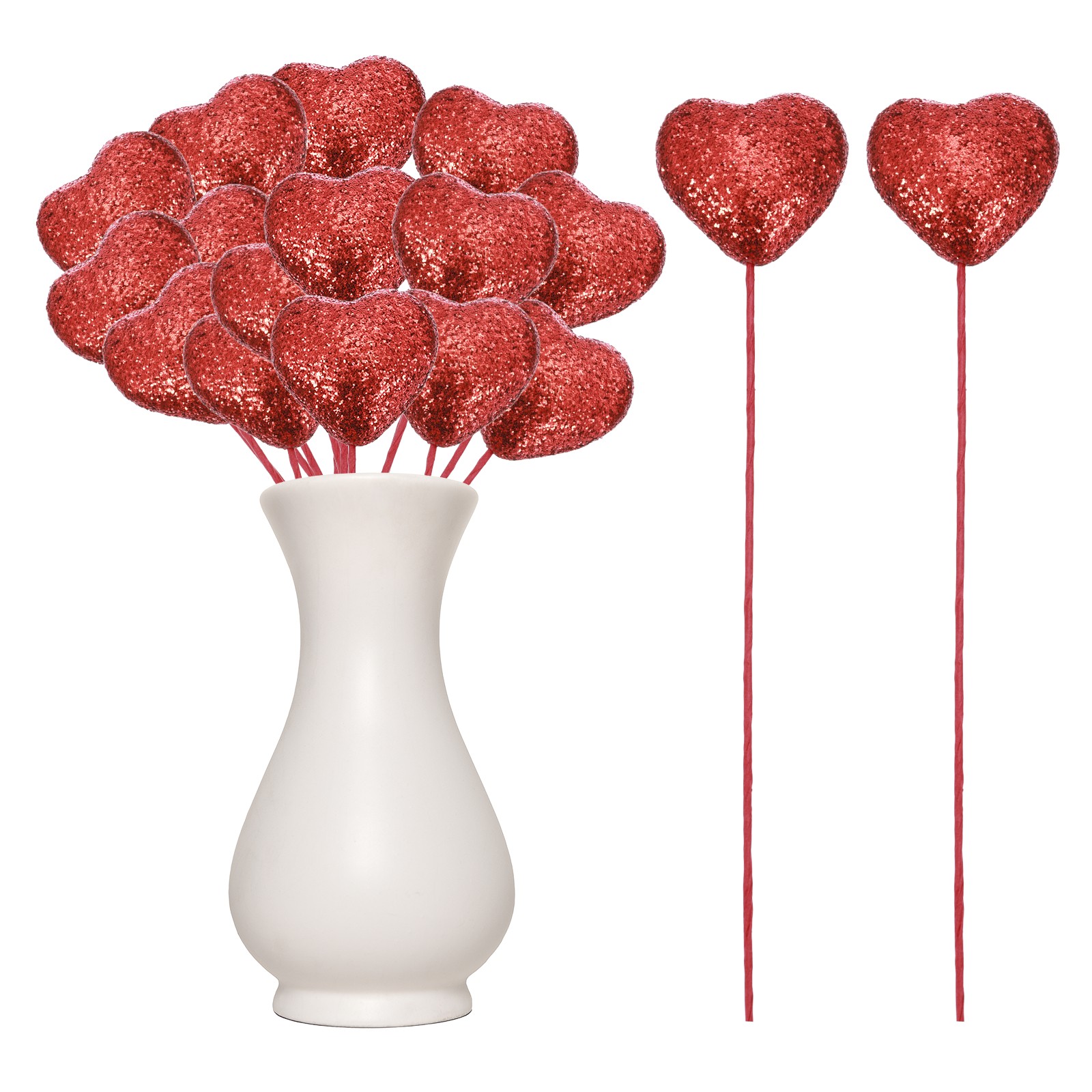 24 Pcs Glitter Heart Shaped Picks Puffy Foam Hearts Stick (Red, 4cm x 22cm)