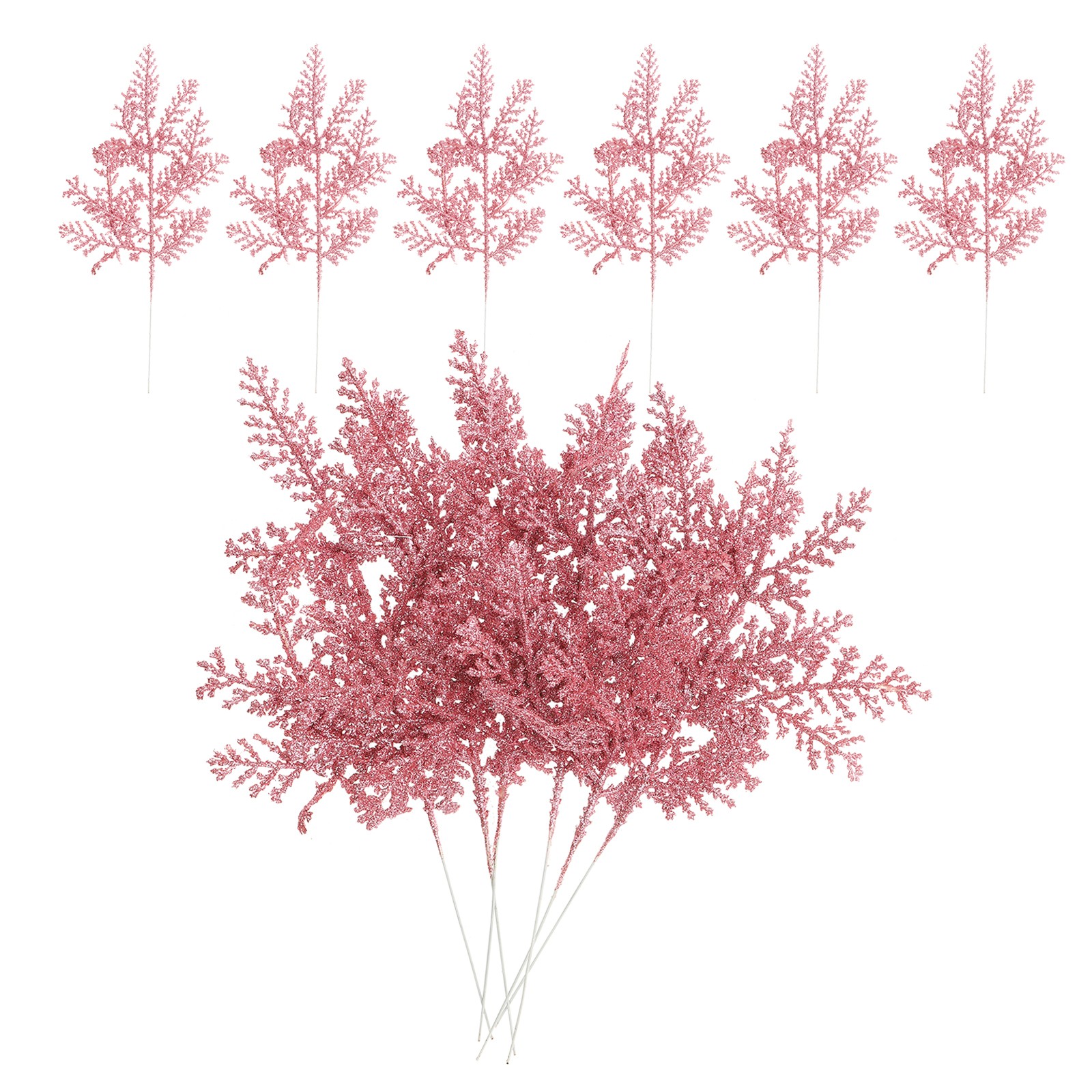 24 Pcs Glitter Artificial Pine Needles, Glitter Pine Stems Pink