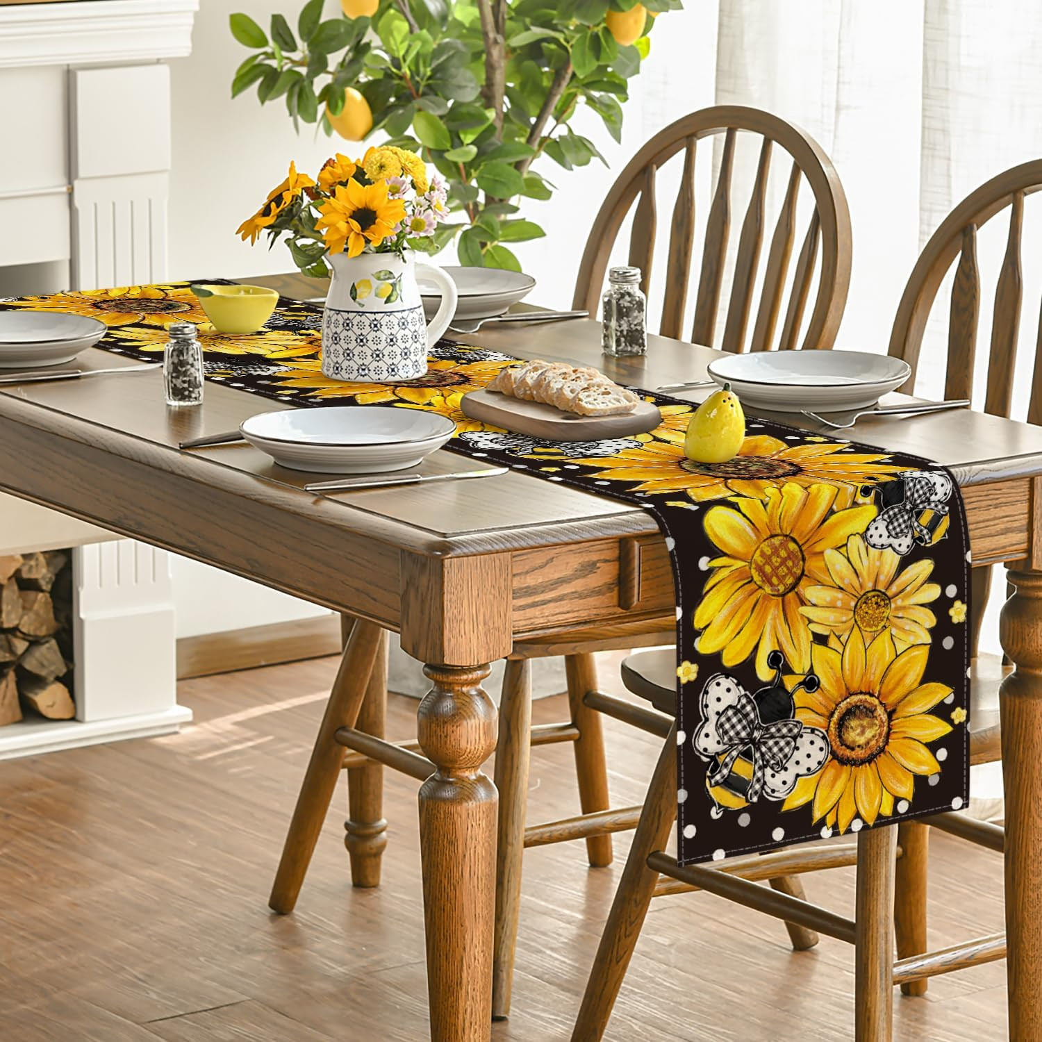 Black Sunflower Bee Flower Polka Dot Summer Table Runner, Seasonal Kitchen Dinin