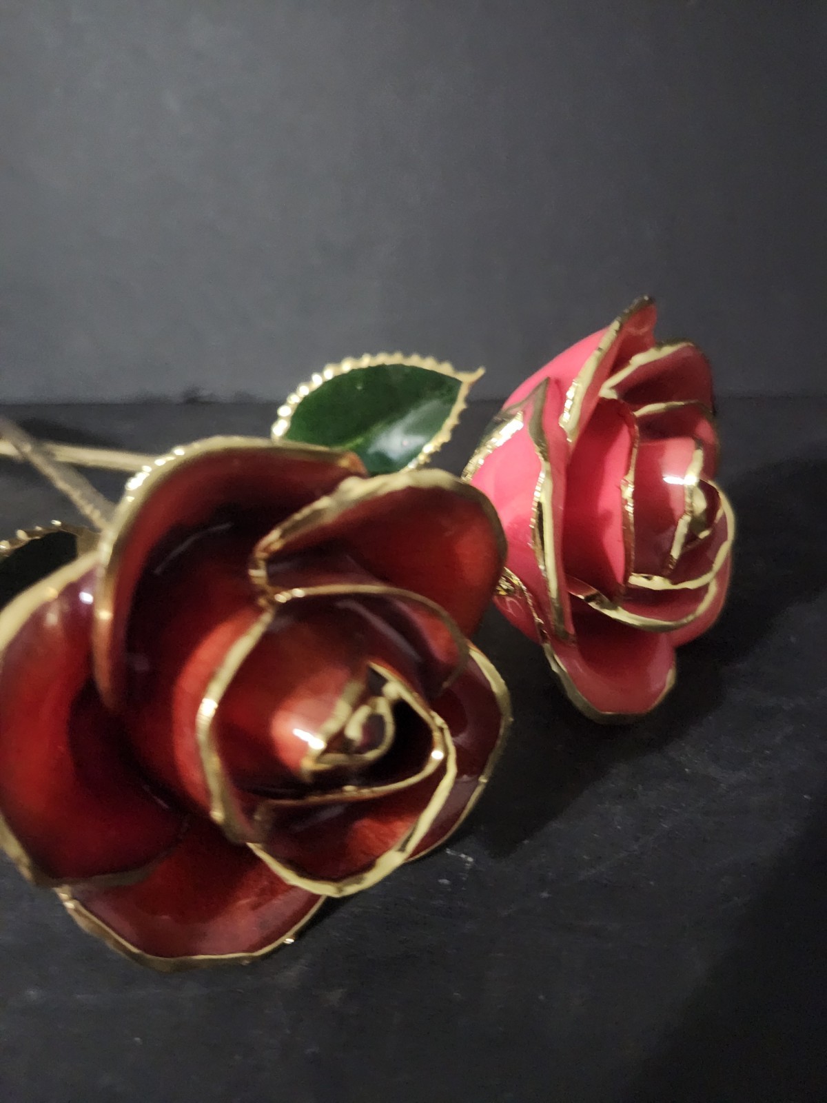 Red ToneRose Preserved in Lacquer with 24k Gold Plating on Petals,Stem Set Of 2