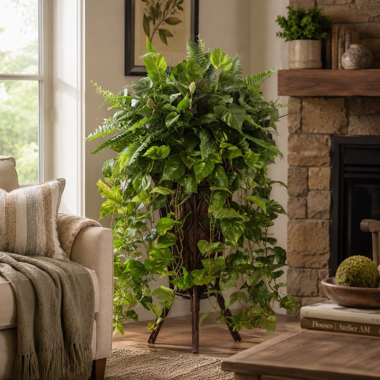 35” Artificial Ivy & Fern Houseplant Arrangement & Centerpiece on Stand, Green