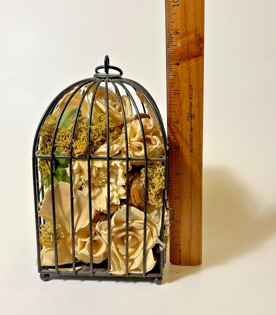 Wrought Black Rim Wire Hanging Dried Beige Floral Flower Arrangements BIRD CAGE