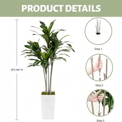 Artificial Dracaena Tree 5FT with White Tall Planter – Faux Tree Dracaena 5ft