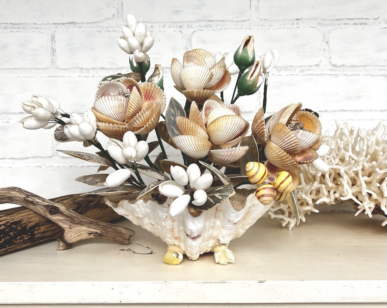 Vintage Shell Flower Arrangement Clam Shell Planter 12” Coastal Decor