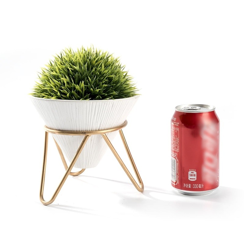 Faux Green Grass Plant in Ceramic Pot W/ Brass Metal Rack Home Office Decor New
