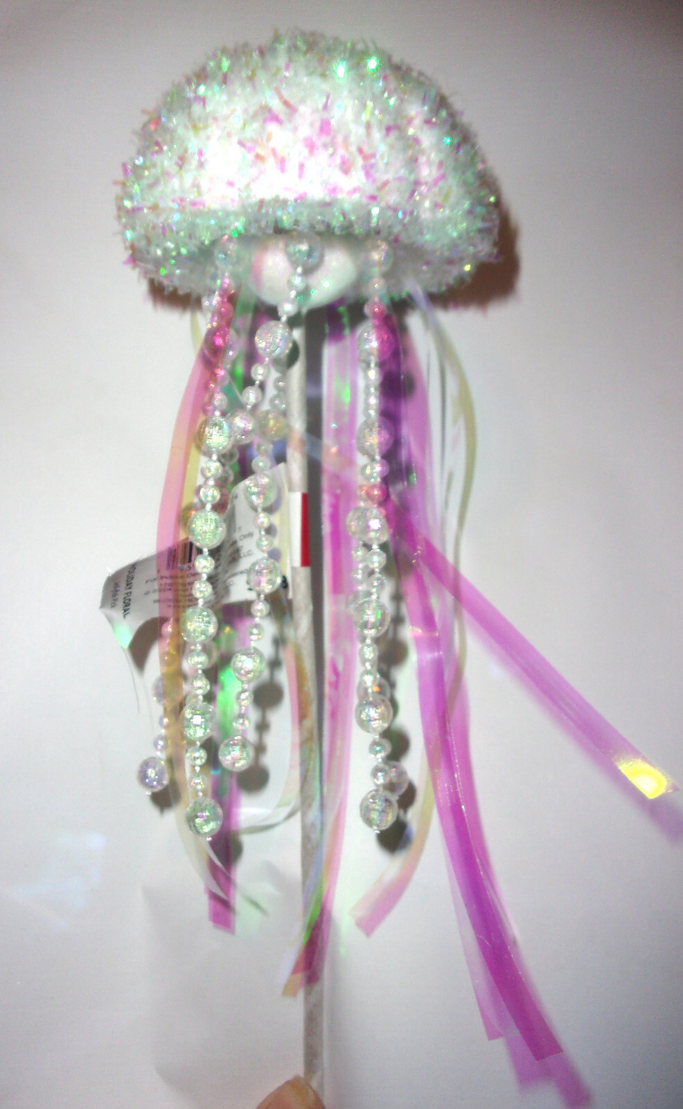 10” tall flower pick bouquet stick pink & white jelly fish ornament with beads