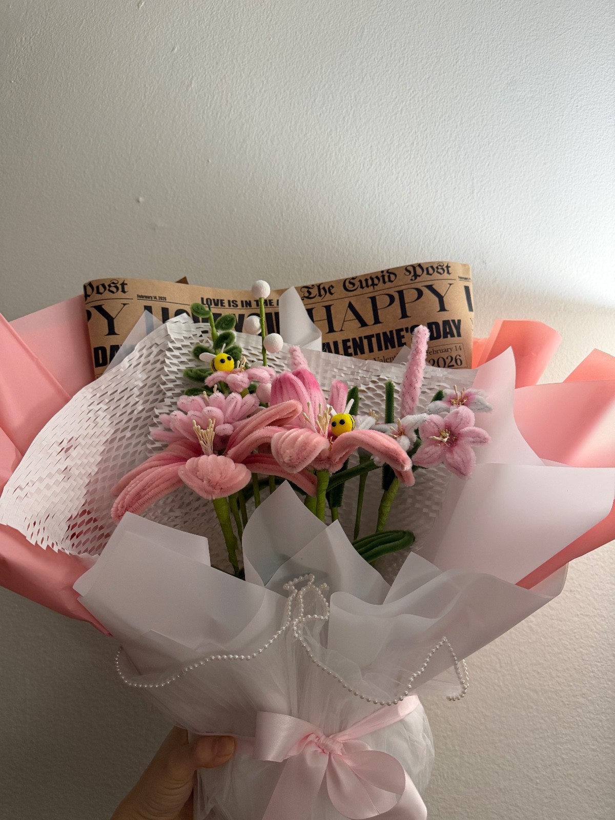 Pipe cleaner flower bouquet, pink fluffy flowers, Valentine’s Day,