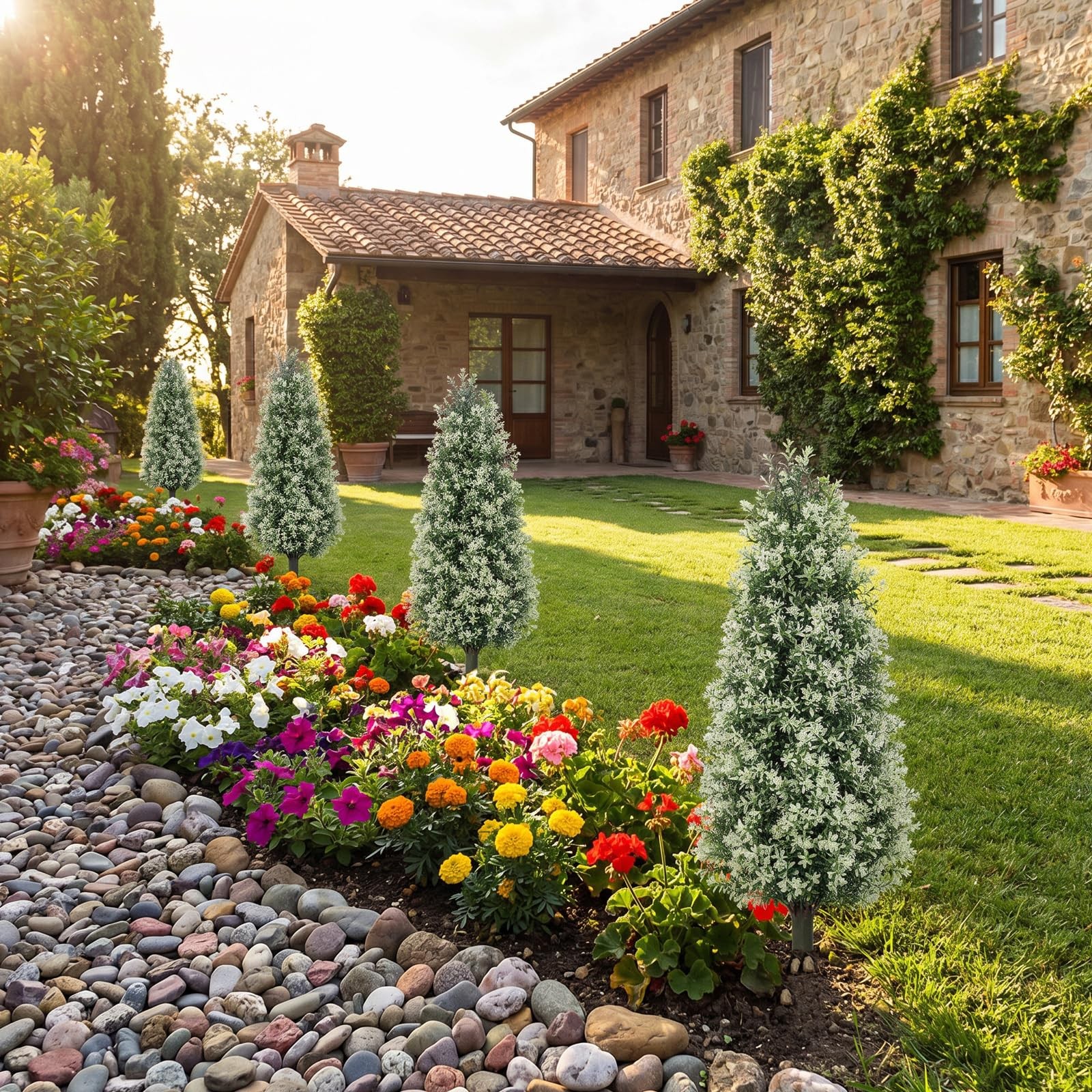 3 Ft Boxwood Topiary Set of 2, Outdoor Fake White Trees, Lifelike Faux Topiar…