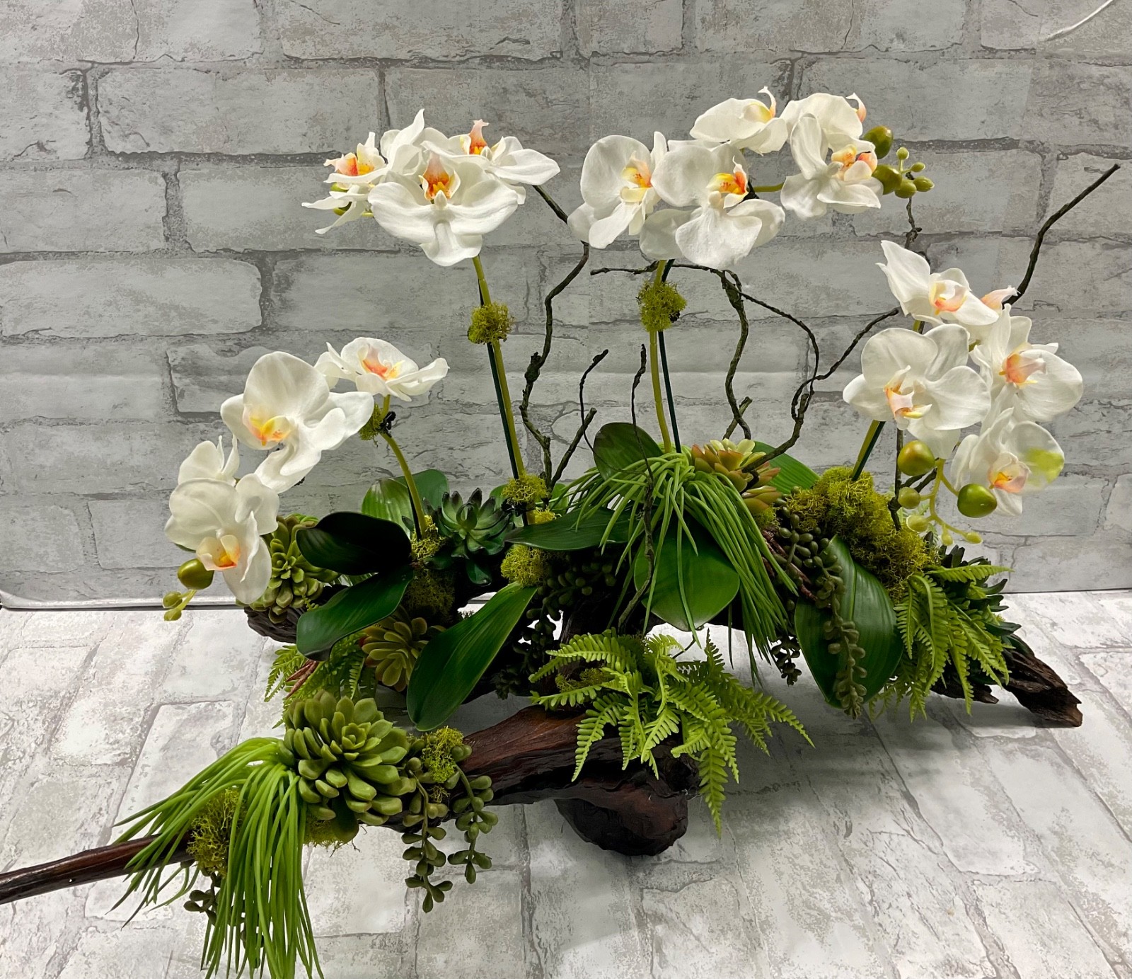 Large Driftwood Orchid Arrangement, White Real Touch Orchids Succulents 28’x17′
