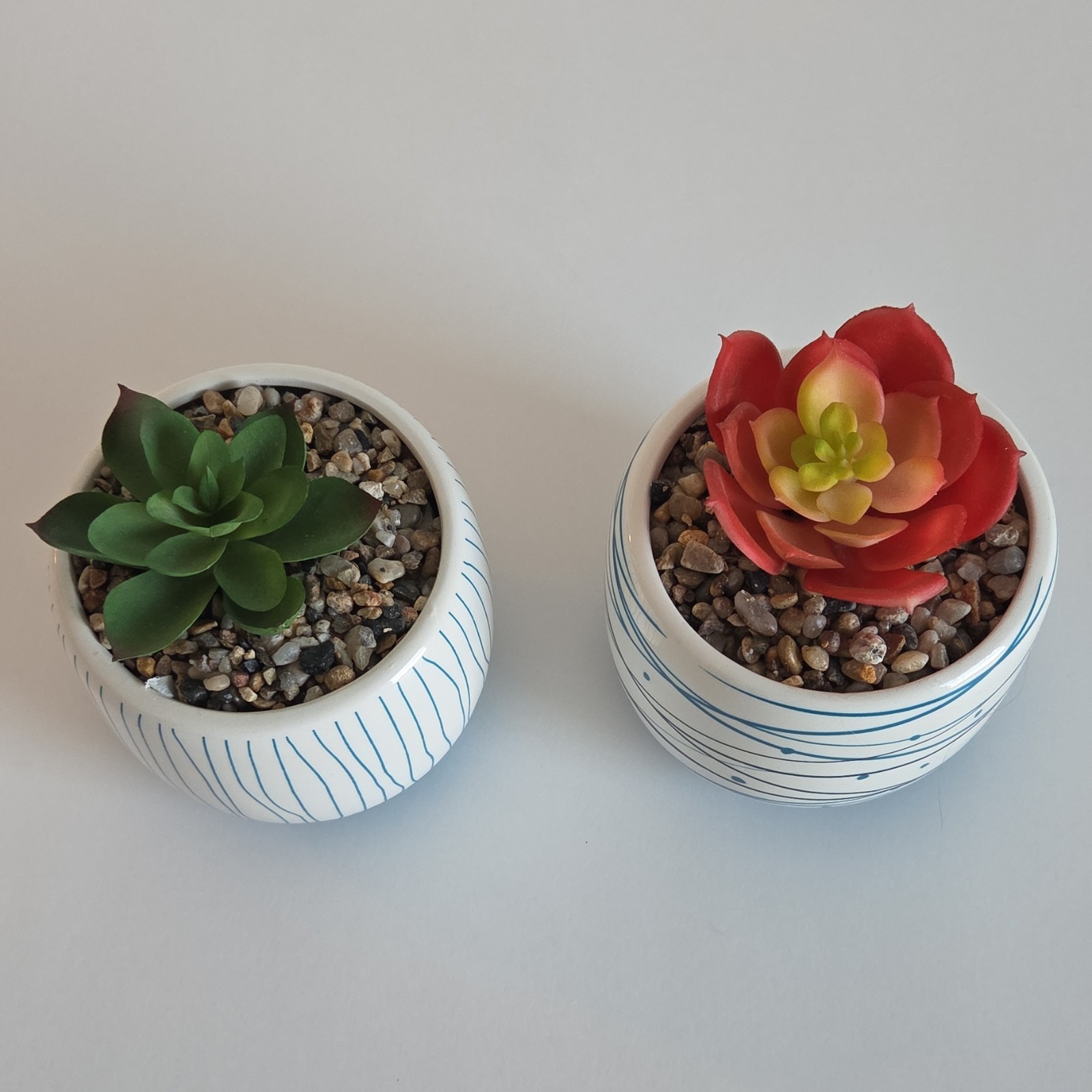 Set of 2 Artificial Succulent Southwest Decor Blue and White Ceramic Pots