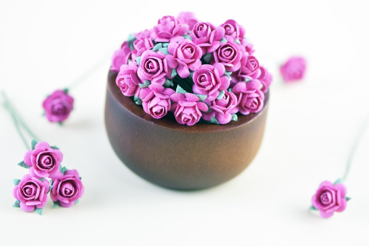 100 PCS Tiny Artificial Rose Mulberry Paper Flower 1518mm Pink Wedding