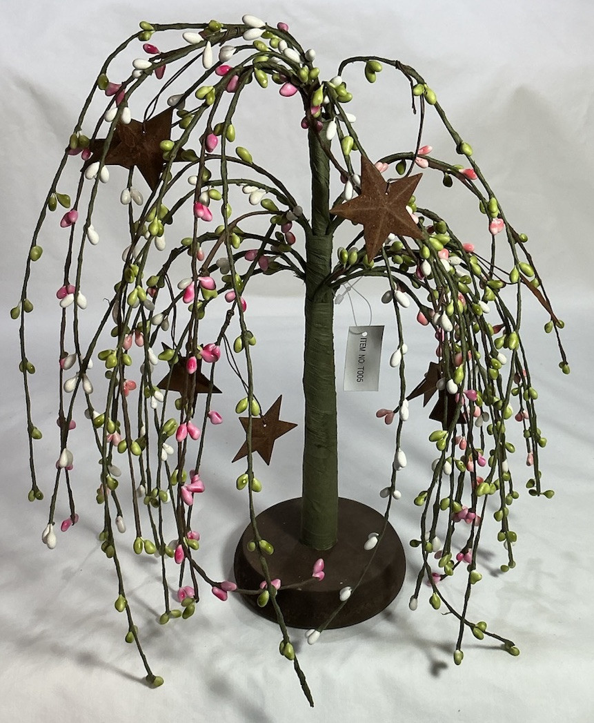 NEW Primitive Pink, Lime Green, White, Pip Berry 13” Willow Tree W/Rusty Stars