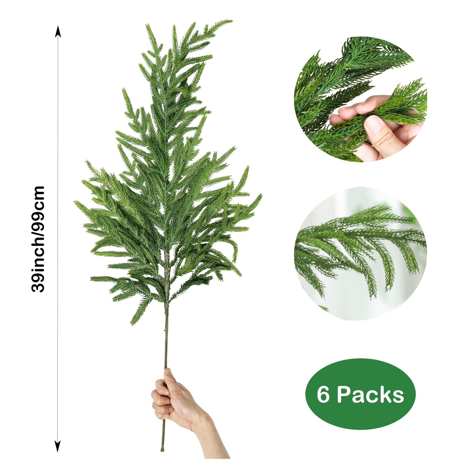 6PCS 39” Norfolk Pine Stems Real Touch, Christmas Greenery Pine Branches