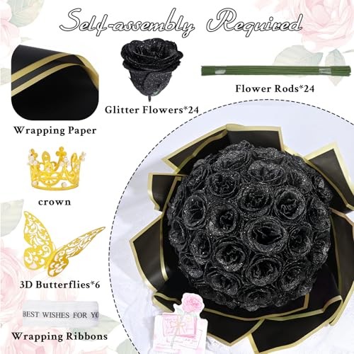 Glitter Roses Bouquet, DIY Fake Flowers Bouquet, Birthday Gifts 24pcs Black