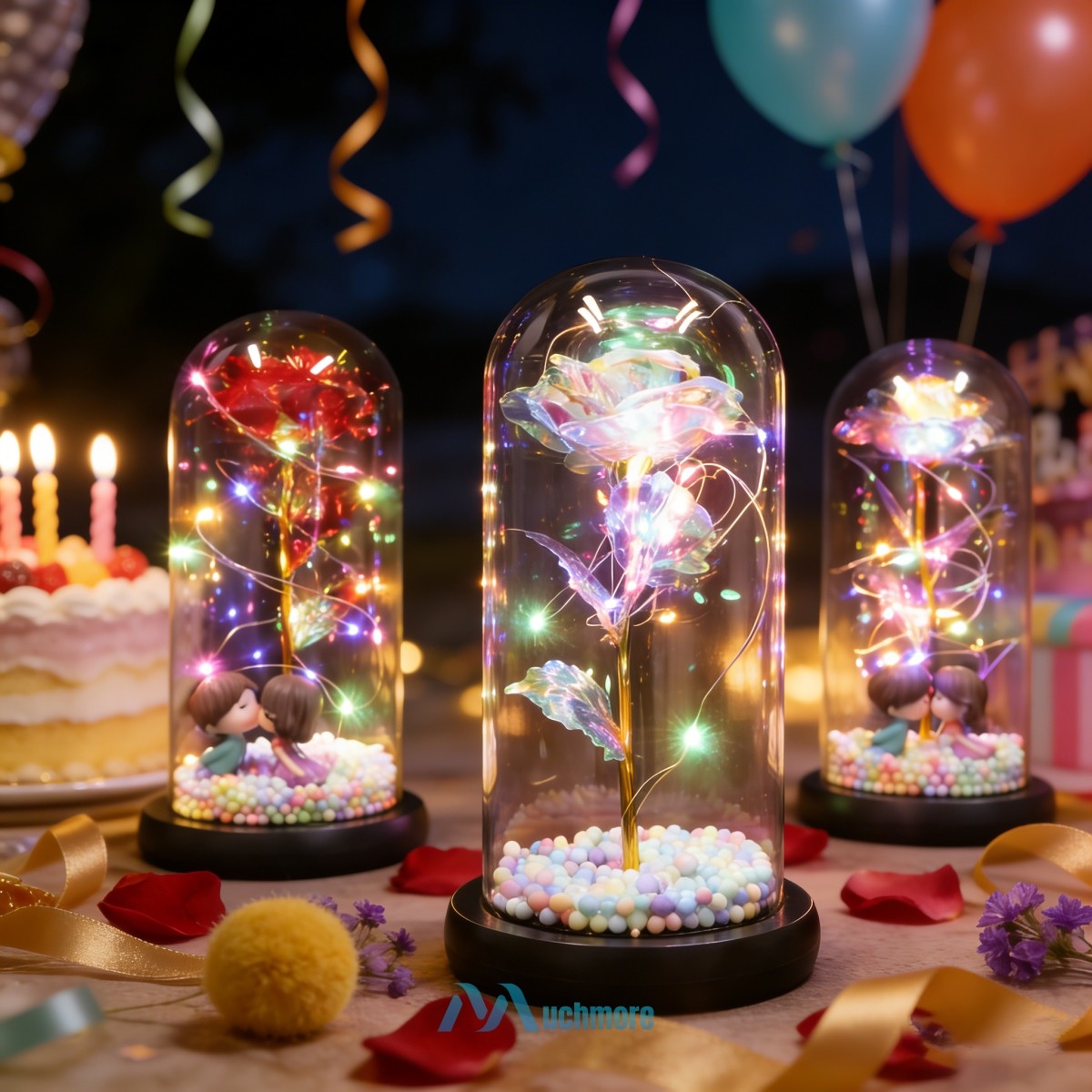 Preserved Eternal Galaxy Rose Flower In Glass Dome with LED Light Gift for Her