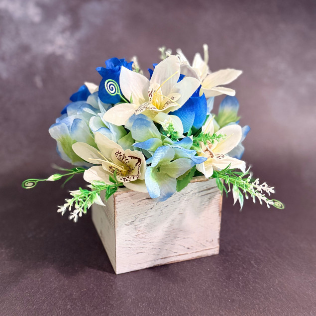 Blue White Rose Floral Centerpiece Wooden Box Faux Flower Arrangement Home Decor